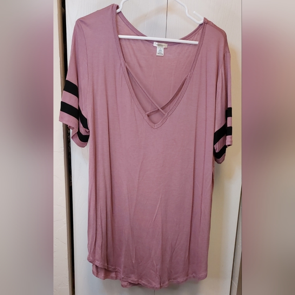 Bozzolo Dusty Mauve Criss Cross V Neck Top Size 3X Shirt Tail Hem Boho Knit Tee